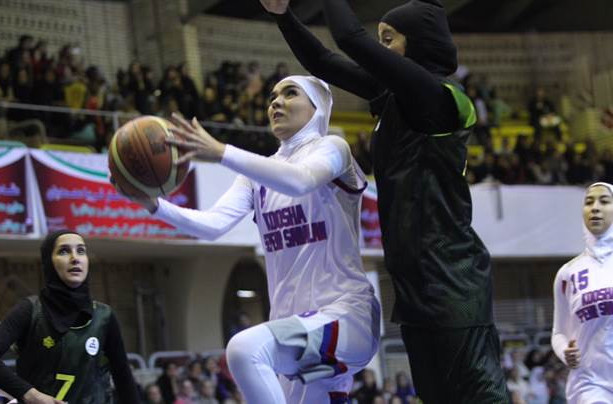 Action from the FIBA test event in Tehran on April 13 which heralded a shift in the rules on female Muslim players being able to wear the hijab, a ruling that comes in today ©FIBA