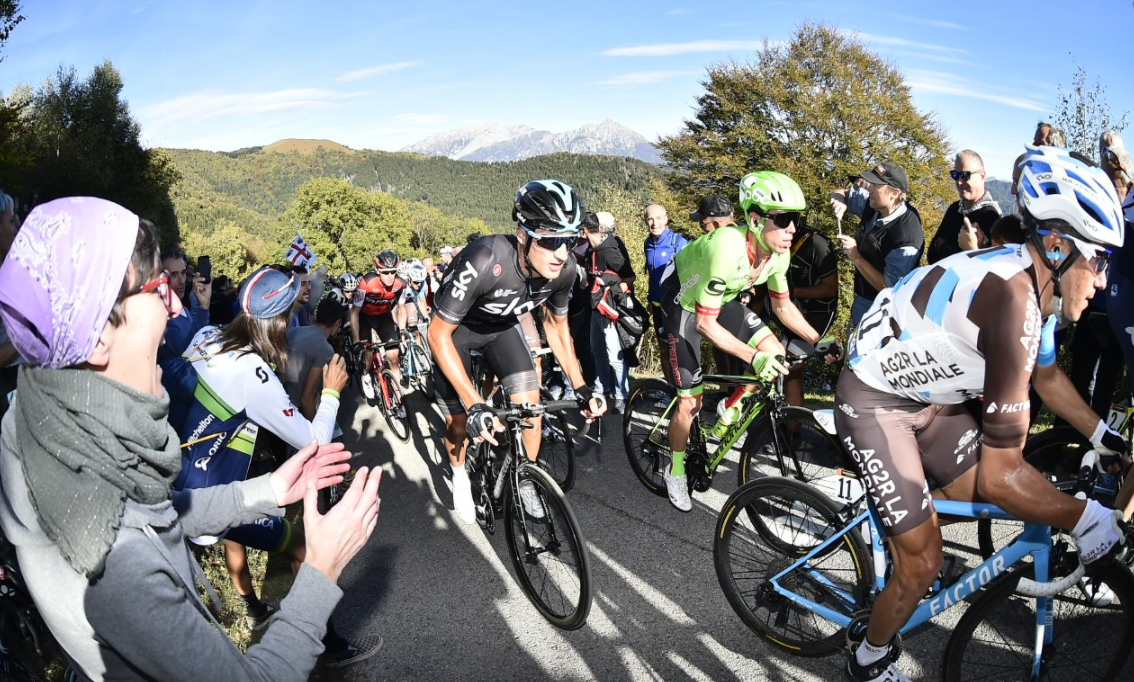 Riders tackle the Muro di Sormano midway through the Il Lombardia race today ©Il Lombardia/Twitter