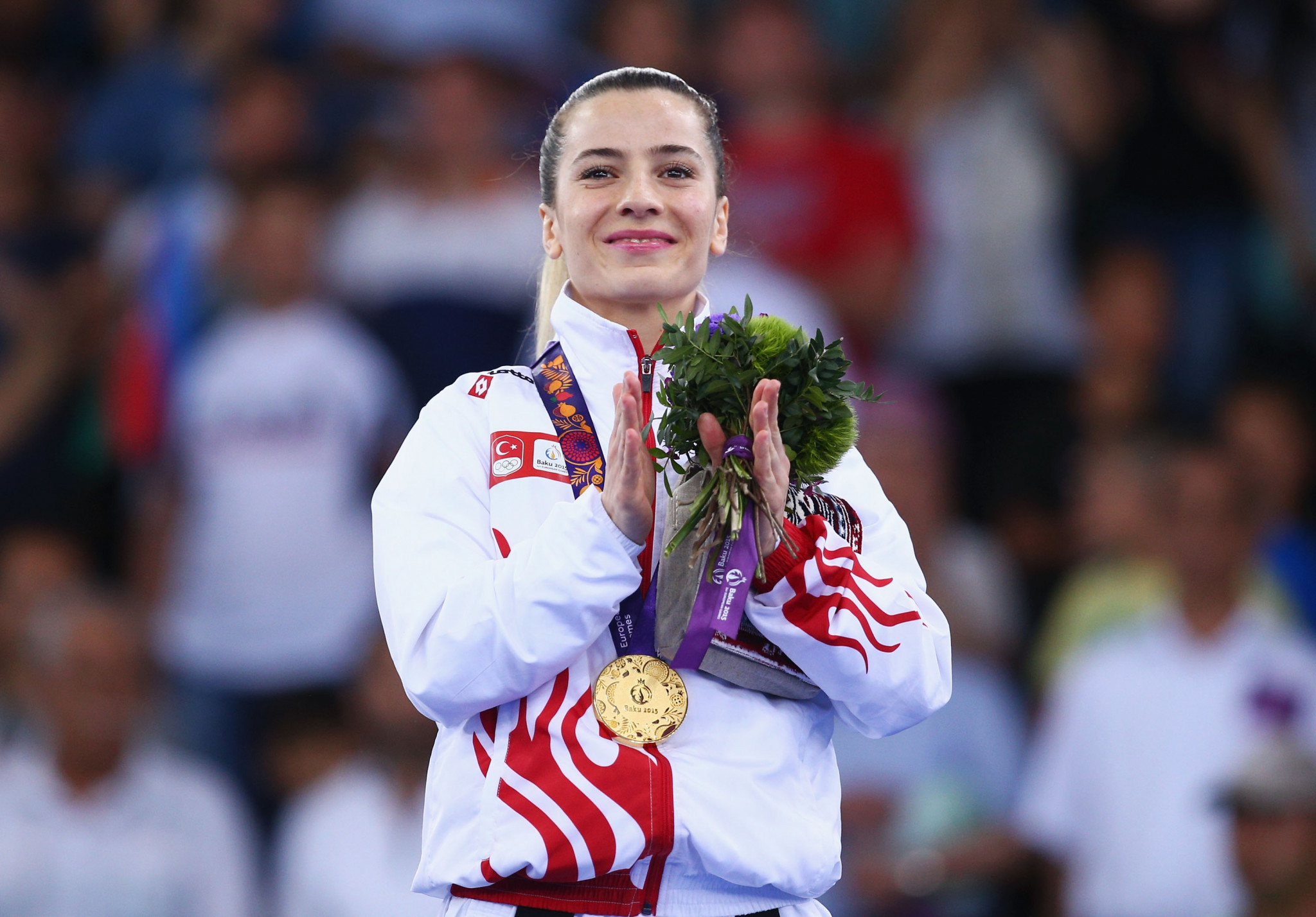 Serap Ozcelik, pictured celebrating gold at the Baku 2015 European Games, was another winner ©WKF