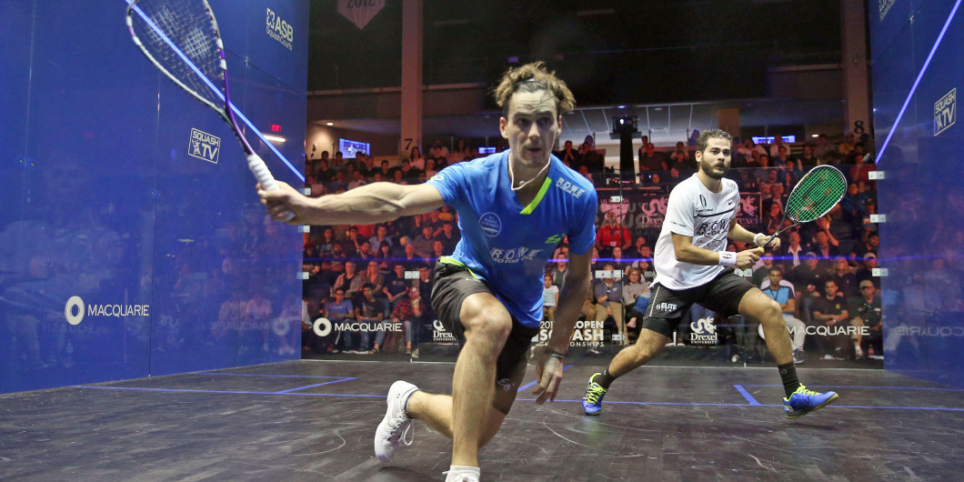Paul Coll, left, surprised Karim Abdel Gawad in the first round ©PSA