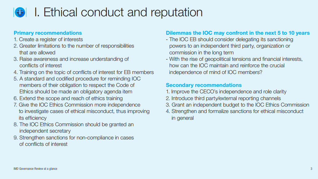 Recommendations made about IOC ethical issues in the good governance study ©IOC