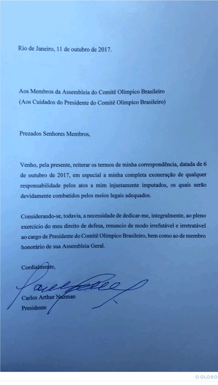 Carlos Nuzman's lawyer Sérgio Mazzillo read out a letter officially confirming his resignation as President of the Brazilian Olympic Committee after 22 years ©Twitter