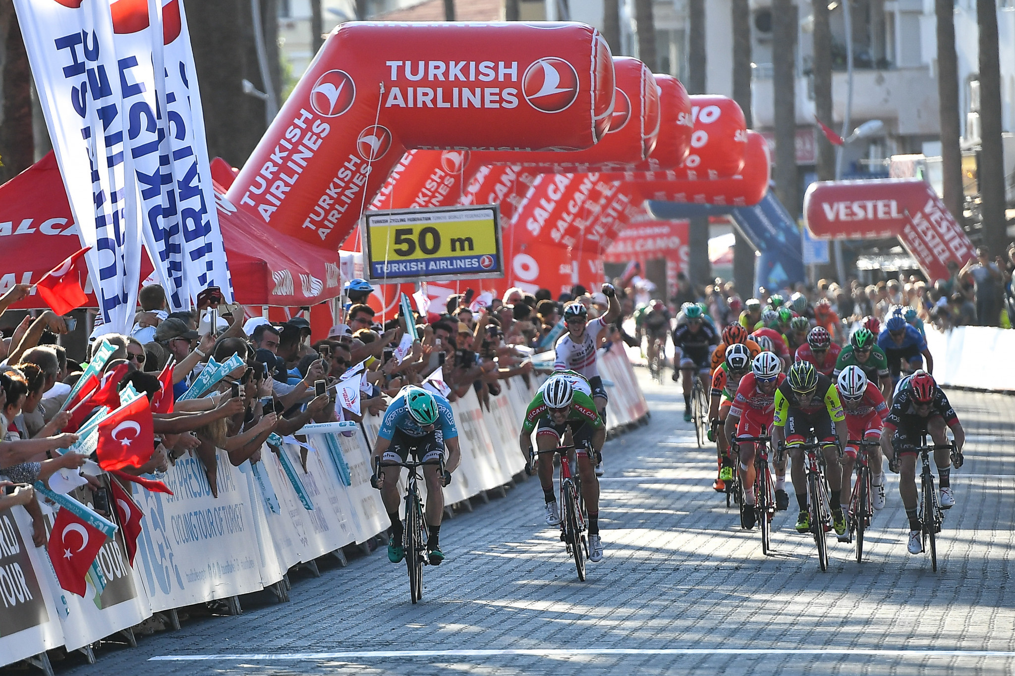 Sam Bennett, left, won the 205km stage from Fethiye to Marmaris ©Getty Images