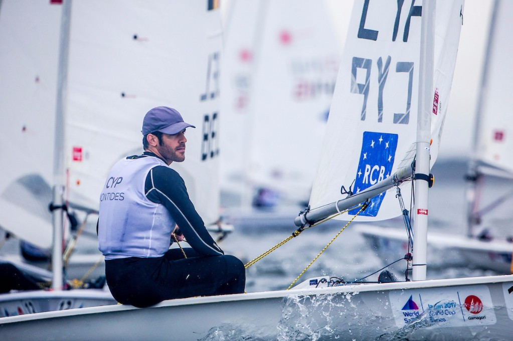 Pavlos Kontides of Cyprus is locked in a three-way tie for top spot on the laser leaderboard ©World Sailing