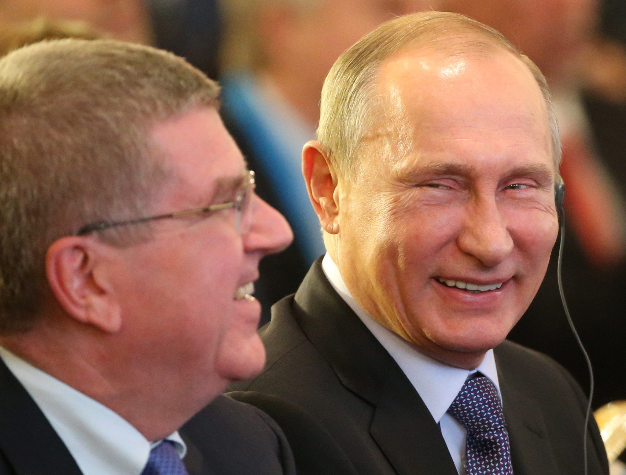 Russian President Vladimir Putin, right, alongside IOC counterpart Thomas Bach at the World Olympians Forum in 2015 ©Getty Images