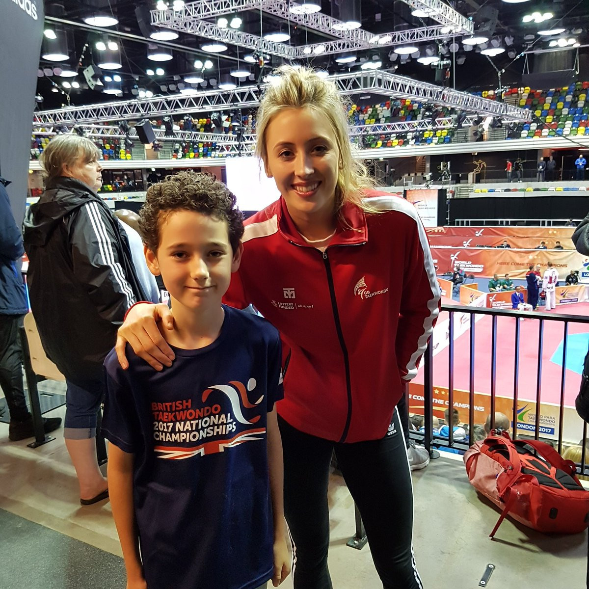 Double Olympic champion Jade Jones, pictured here with a young fan, helped hosts Great Britain top the overall medal table thanks to her gold medal-winning performance in the women's under 57kg category yesterday ©Karen Williams/Twitter