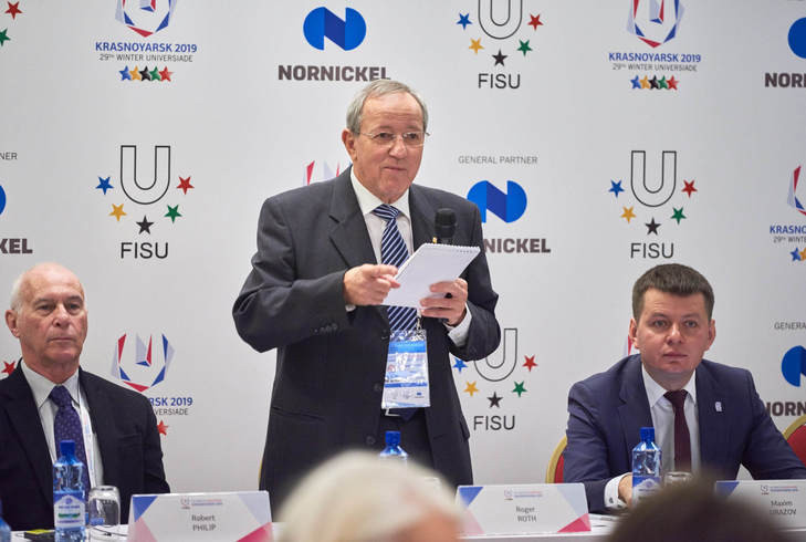 Roger Roth, who chairs FISU's International Technical Committee, addressing a meeting to oversee preparations for Krasnoyarsk 2019 ©FISU