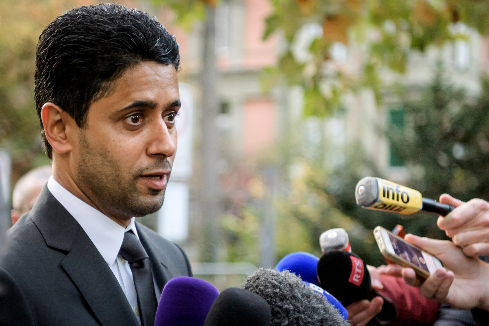 Nasser Al-Khelaifi speaks to the press after leaving talks with Swiss authorities today ©Getty Images