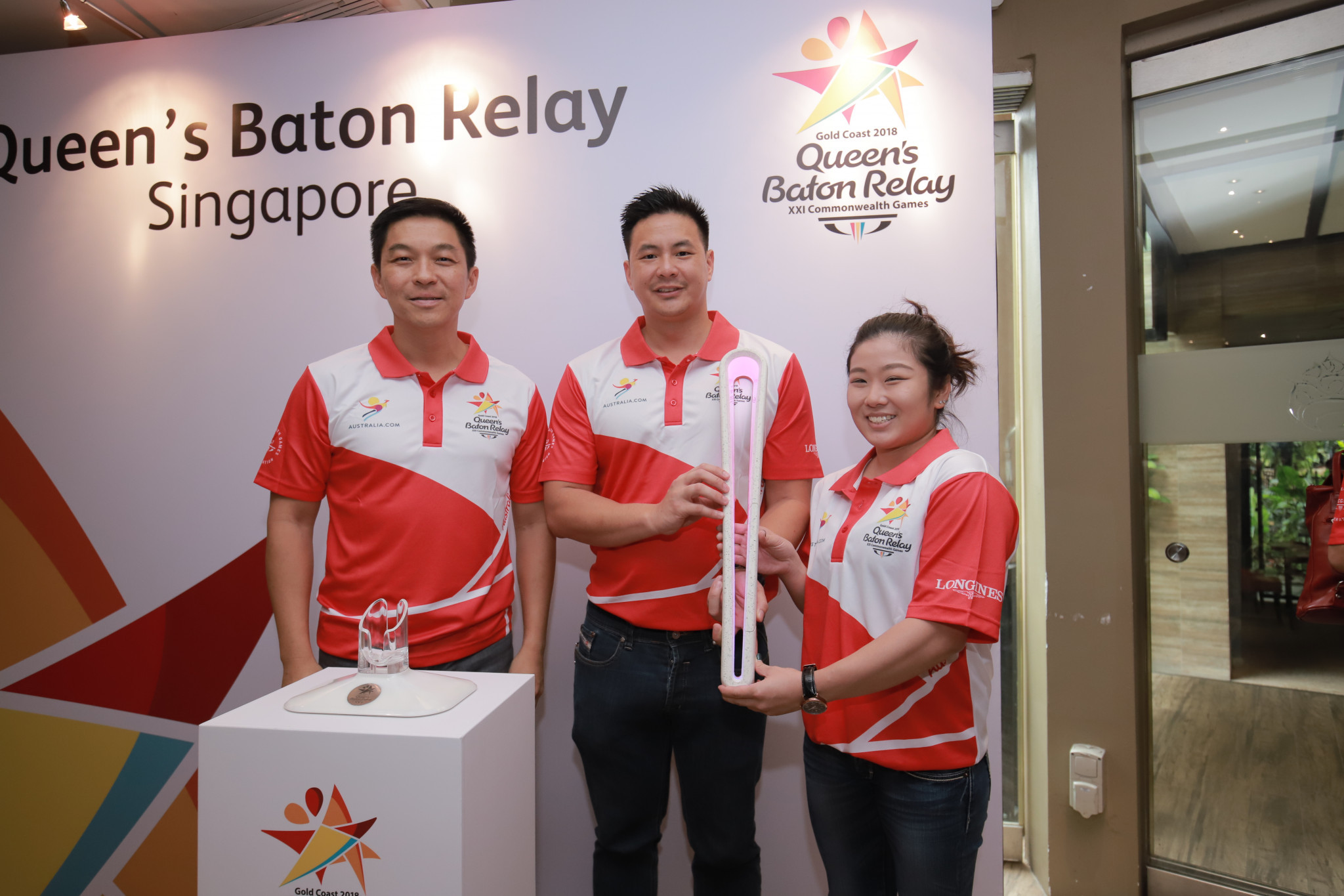 The appointment of Mark Chay, middle, and Lim Heem Wei, right, as the Chef de Mission and Assistant Chef de Mission for Gold Coast 2018 was announced to coincide with the arrival of the Queen's Baton Relay in Singapore ©SNOC