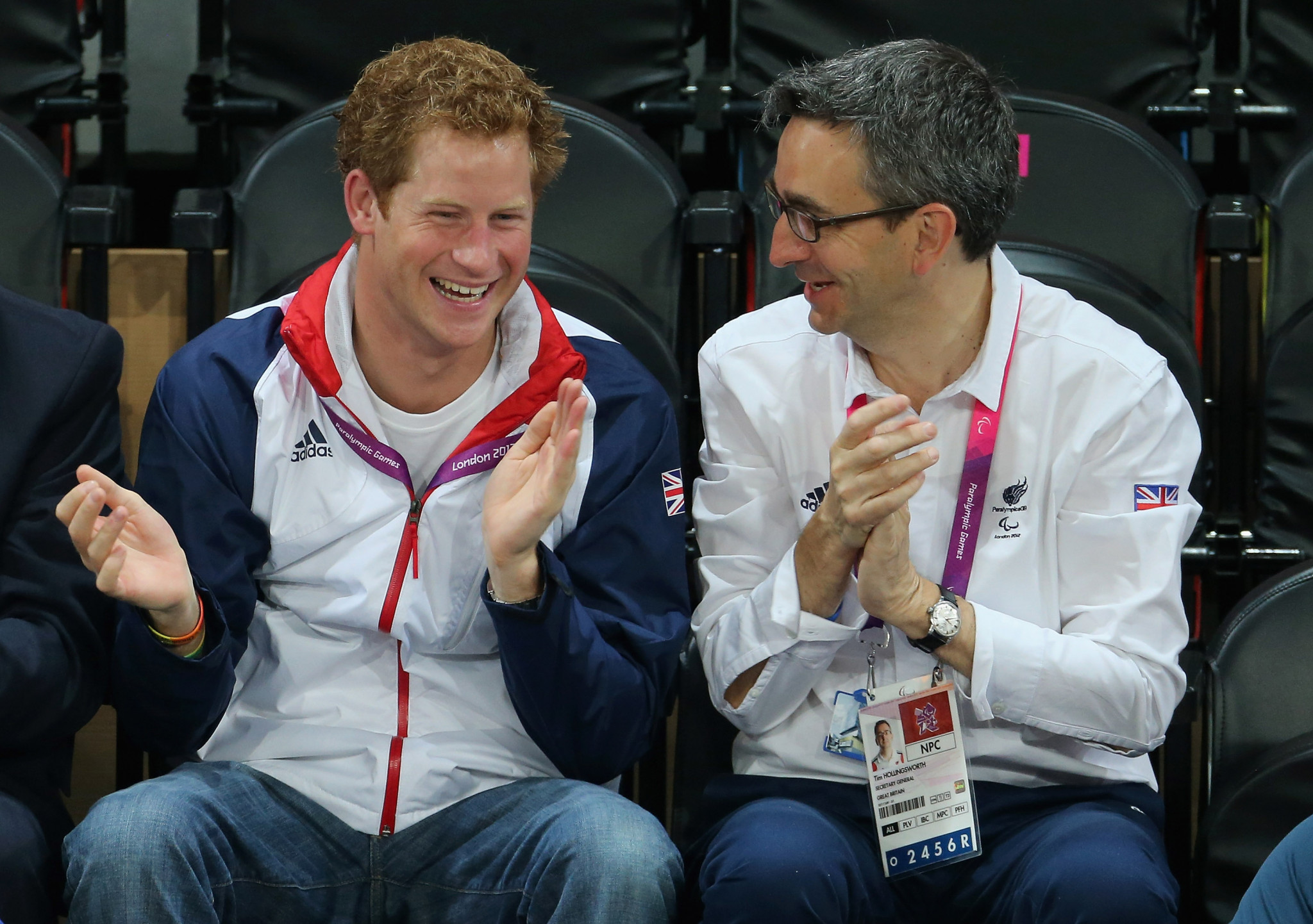 Prince Harry, left, and British Paralympic Association chief executive Tim Hollingsworth at Goalball during the London 2012 Paralympic Games. Hollingsworth will face the British Parliamentary Committee today ©Getty Images 