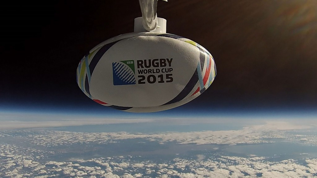 England legend helps launch tournament ball into space as countdown to 2015 Rugby World Cup continues