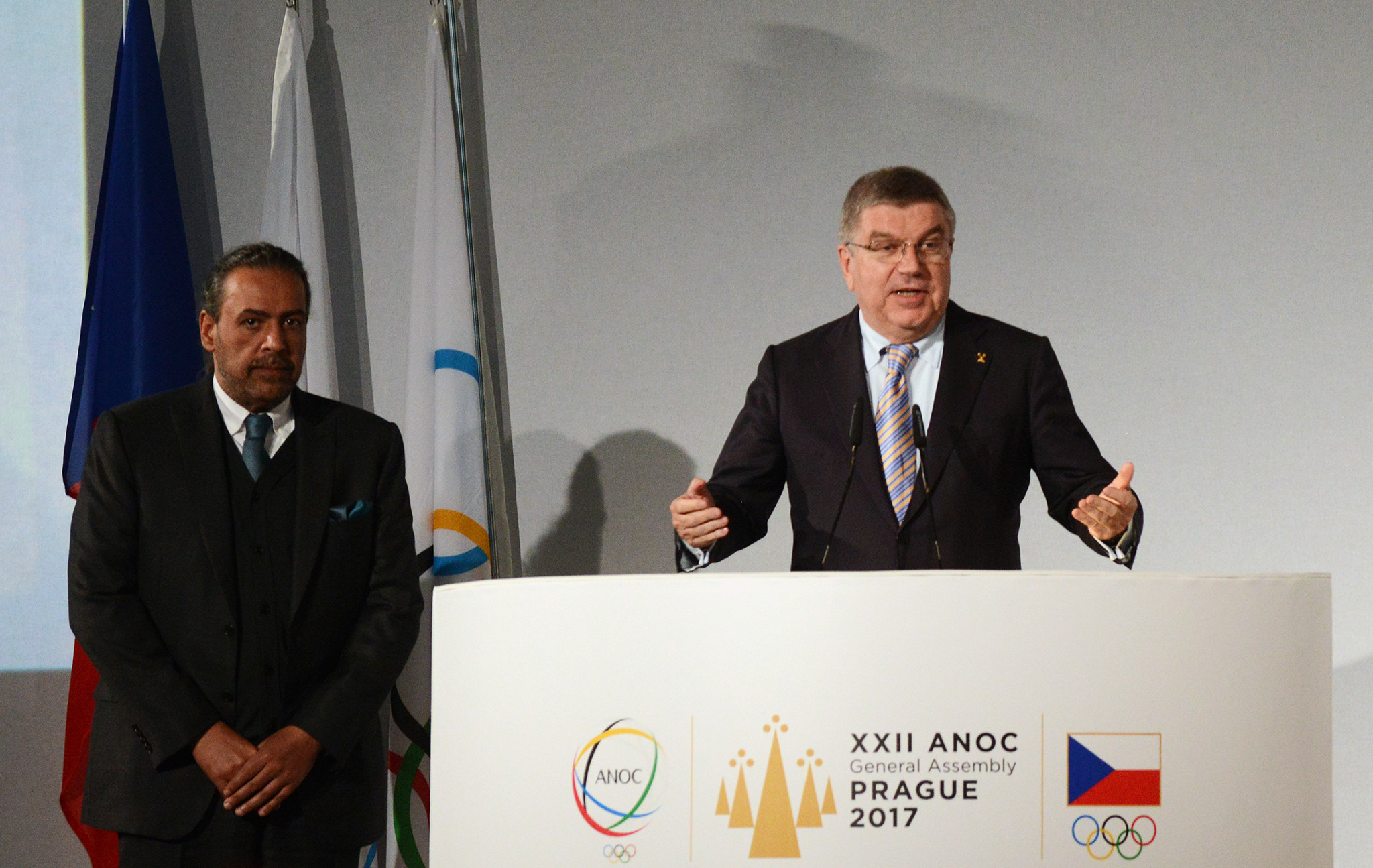 Sheikh Ahmad, left, pictured alongside IOC President Thomas Bach during the General Assembly today ©Getty Images