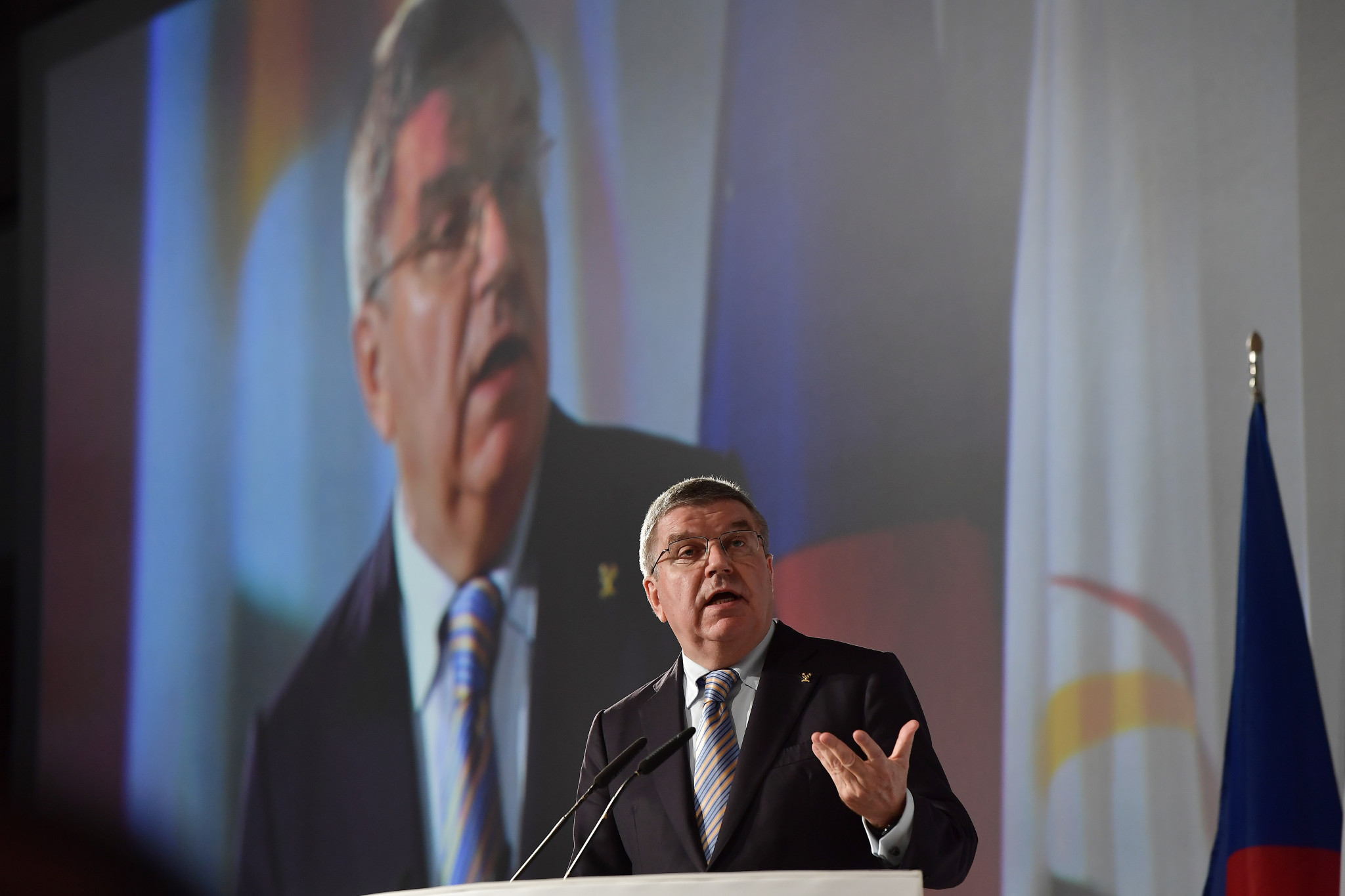 IOC President Thomas Bach pictured delivering a keynote address ©Getty Images