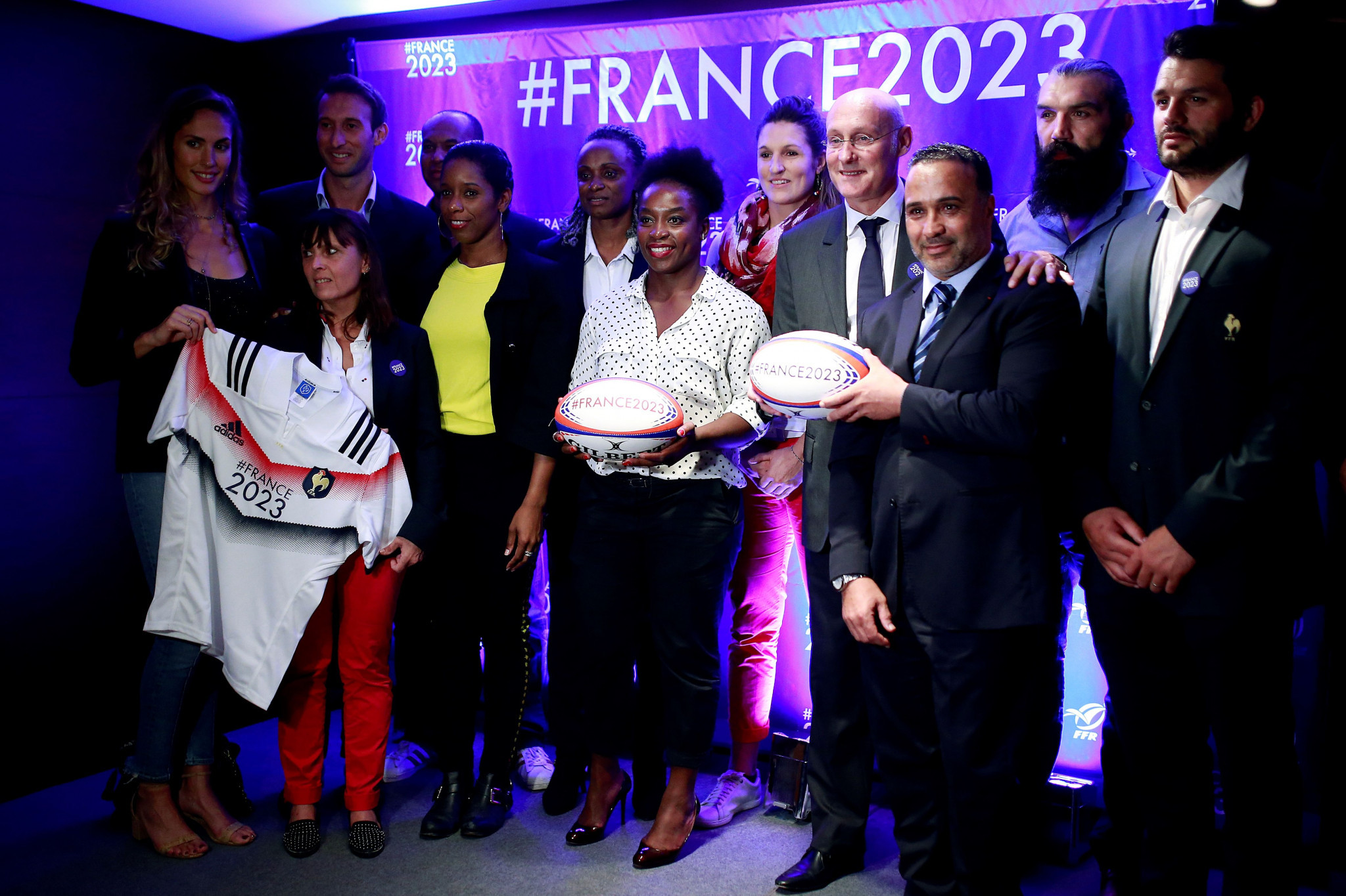French athletes Elodie Clouvel, left, Fabien Gilot, second left, Eunice Barber, sixth left, and Laporte join French former rugby player Sebastien Chabal to promote France's candidacy for the 2023 Rugby World Cup ©Getty Images