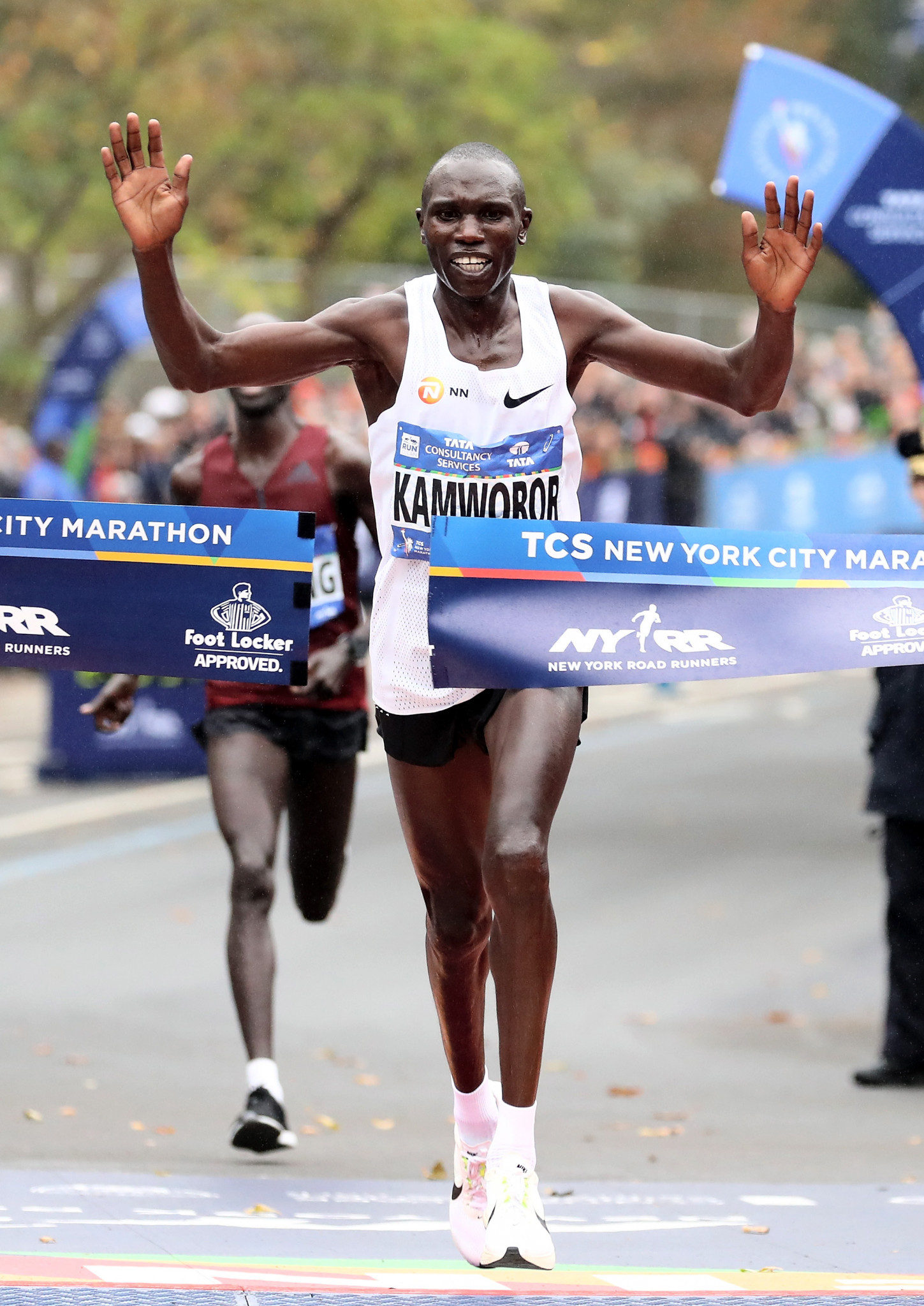 Geoffrey Kamworor, of Kenya, crosses the finish line as he wins the 2017 New York City Marathon in Central Park ©Getty Images