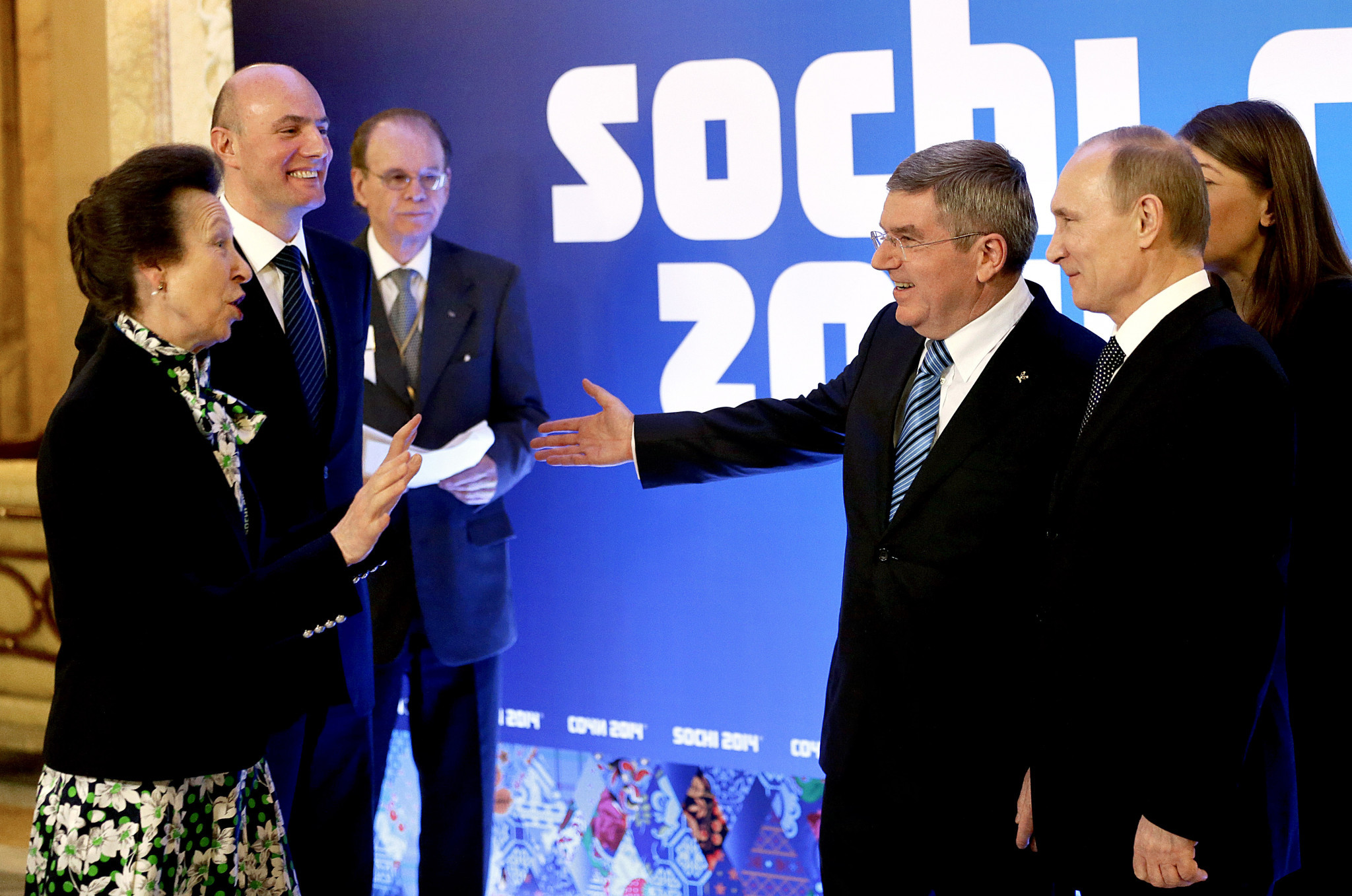 Thomas Bach, Vladimir Putin and Sochi 2014 President Dmitry Chernyshenko, centre left, all pictured together, along with British IOC member Princess Anne, at Sochi 2014 ©Getty Images