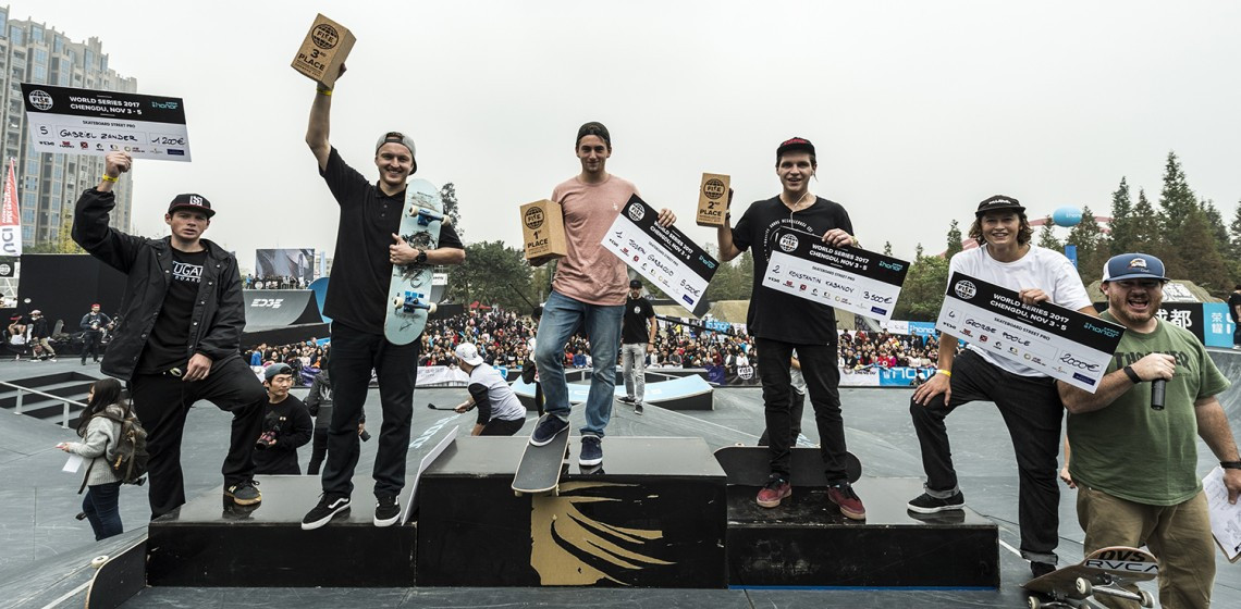 Teenage French skateboarding star Joseph Garbaccio won the FISE Skateboard Street Pro competition in Chengdu, China ahead of Russia's Konstantine Kabanov and Martin Pek of the Czech Republic ©FISE