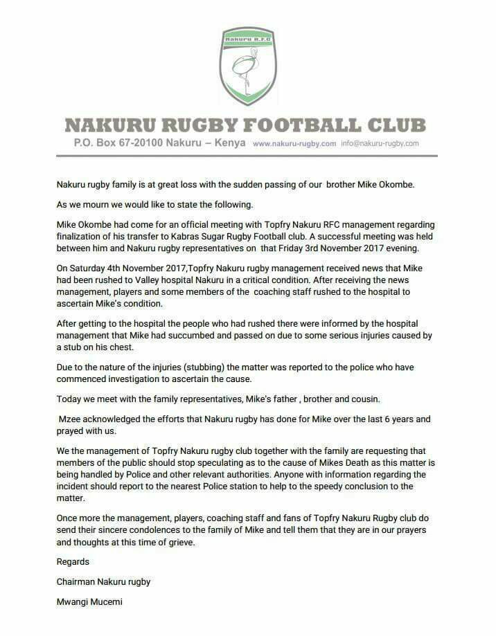 A statement from Nakuru Rugby Rootball Club following the death of Mike Okombe ©Nakuru Rugby Football Club/Facebook