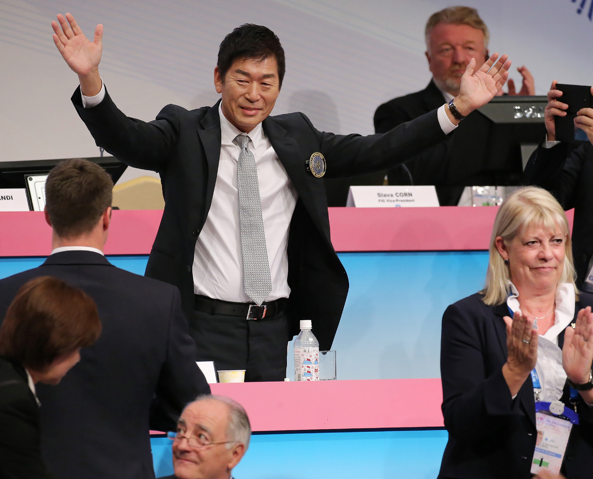 Morinari Watanabe celebrating his election as FIG President last year ©Getty Images