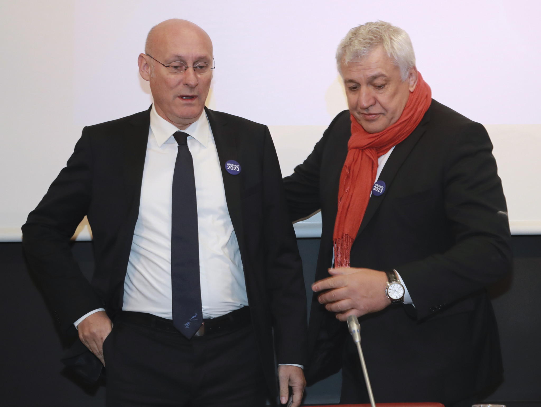 President of the French bid Claude Atcher, right,and President of the French Rugby Federation Bernard Laporte who has been particularly scathing of the independent report backed by World Rugby ©Getty Images