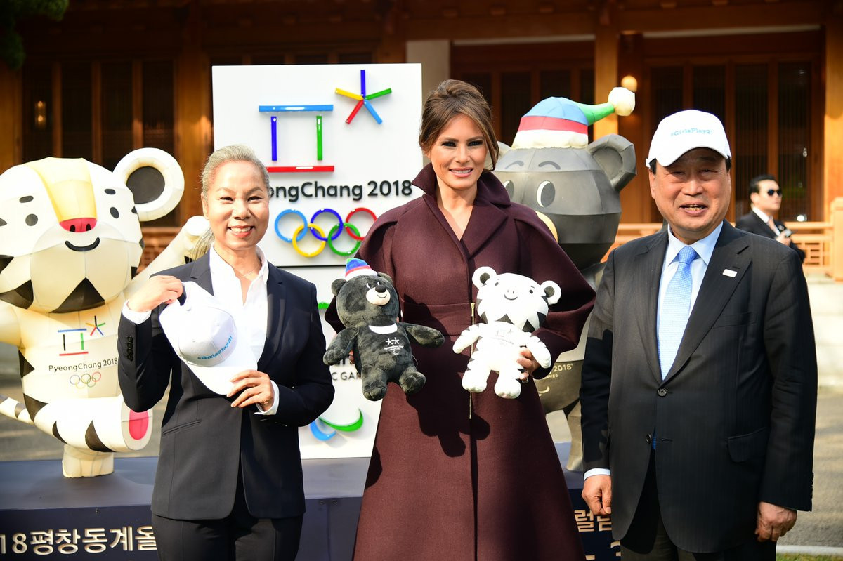 United States First Lady Melania Trump was presented with the Winter Olympic and Paralympic Games mascots Bandabi and Soohorang by Pyeongchang 2018 President Lee Hee-beom ©Twitter