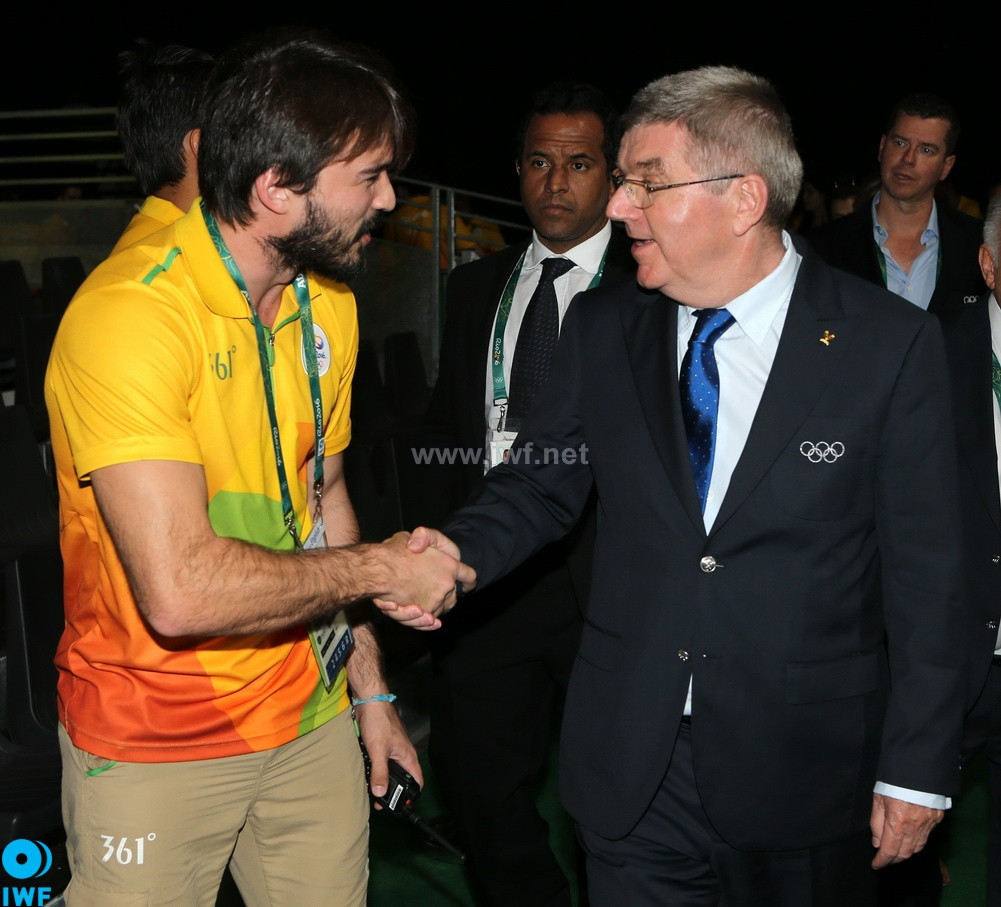 Pedro Meloni, management mastermind of the American Open Series, with IOC President Thomas Back at the Rio Olympics @IWF