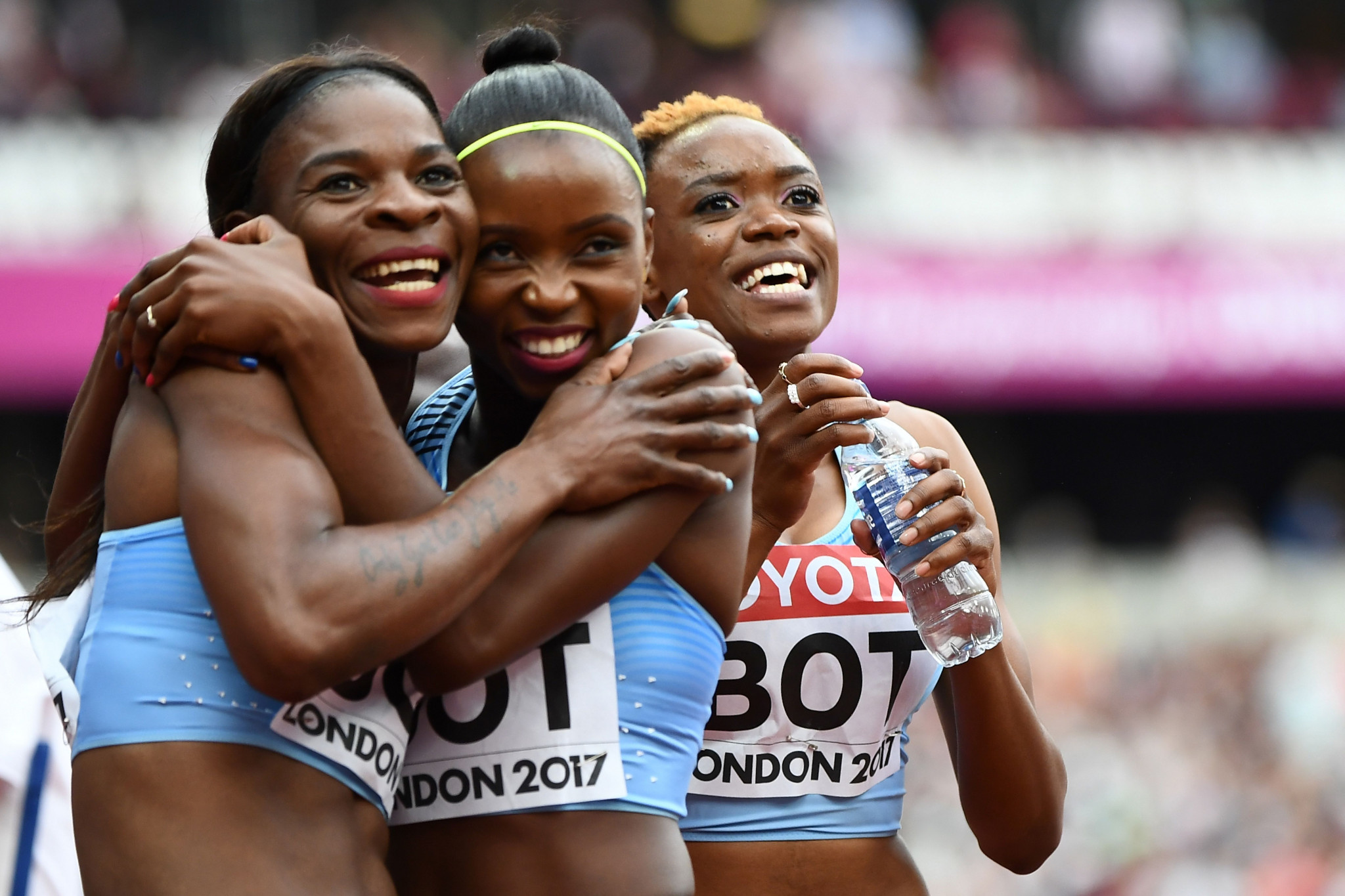 Botswana athletes Amantle Montsho, on left, Lydia Jele, centre, and Christine Botlogetswe, pictured at the IAAF World Championships in London in 2017 ©Getty Images