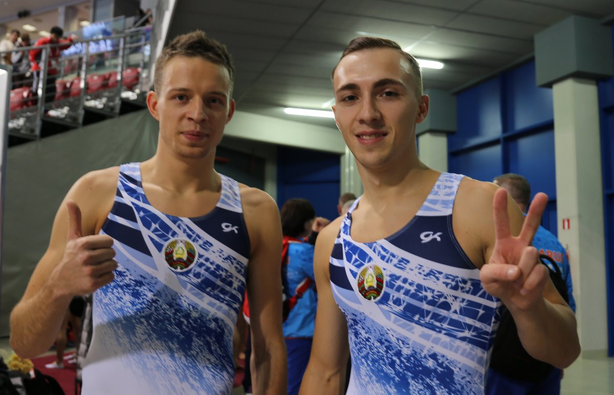 Uladzislau Hancharou and Aleh Rabtsau of Belarus won the men's synchronised trampoline event ©FIG