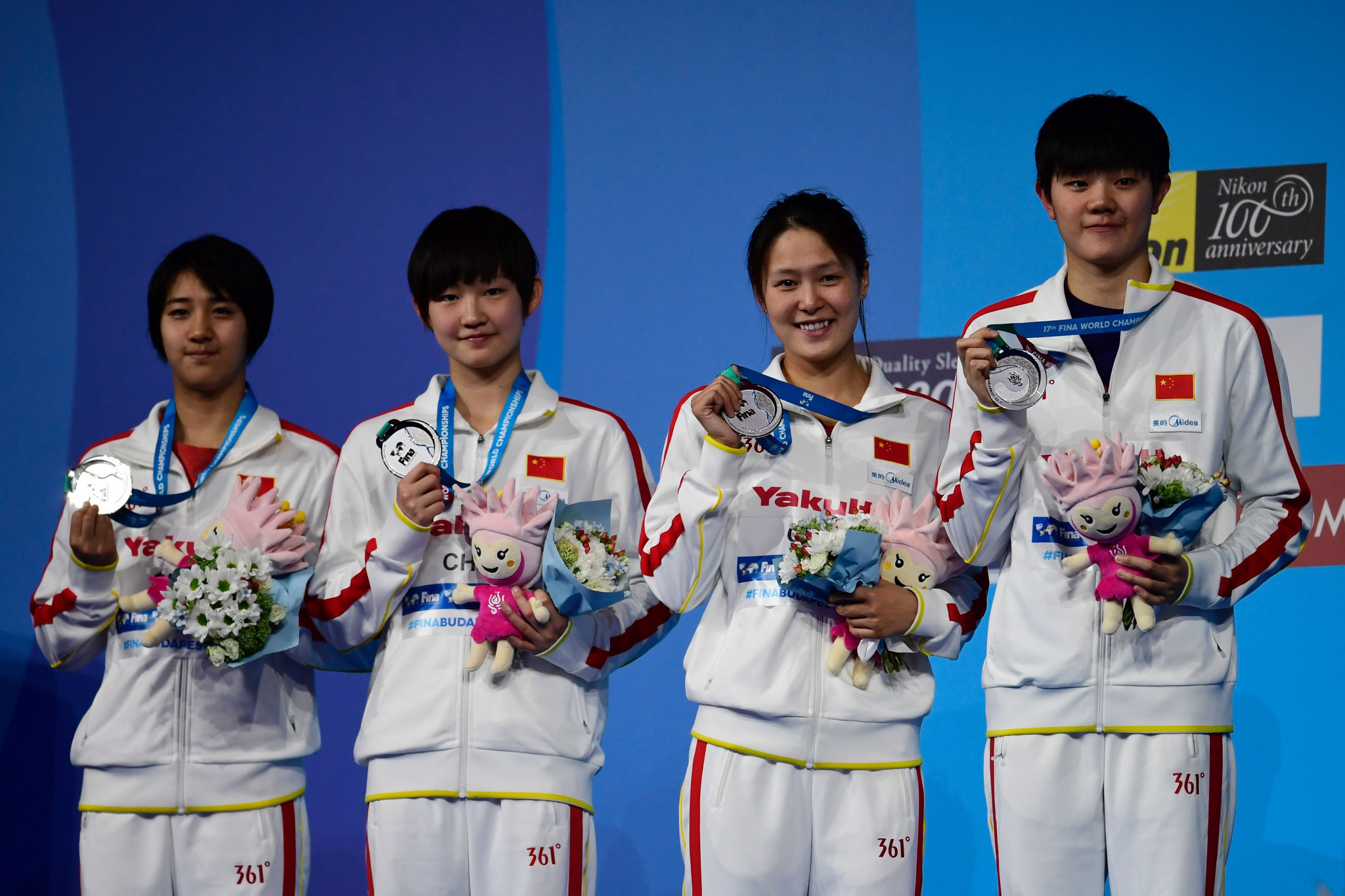 Liu Zixuan​, second left, won a silver medal as part of the 4x200m freestyle relay at this year's World Championships in Budapest ©Getty Images