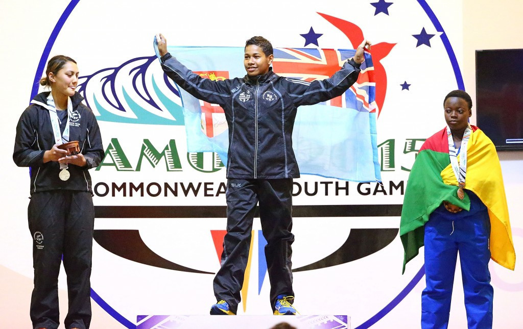 Eileen Cikamatana of Fiji topped the podium in the girl's 63kg event at the Commonwealth Youth Games in Samoa in 2015 ©Getty Images