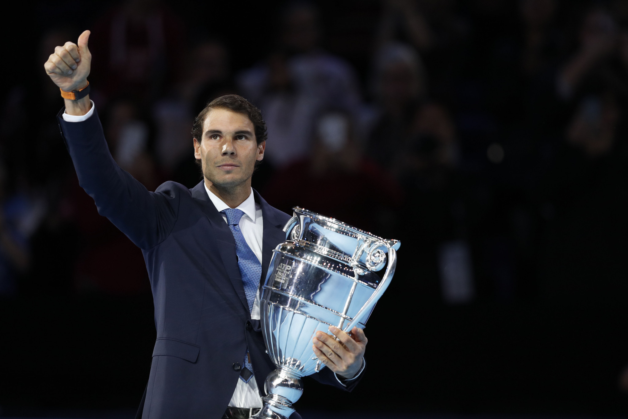 Rafael Nadal was presented with a trophy for finishing 2017 as the world number one ©Getty Images