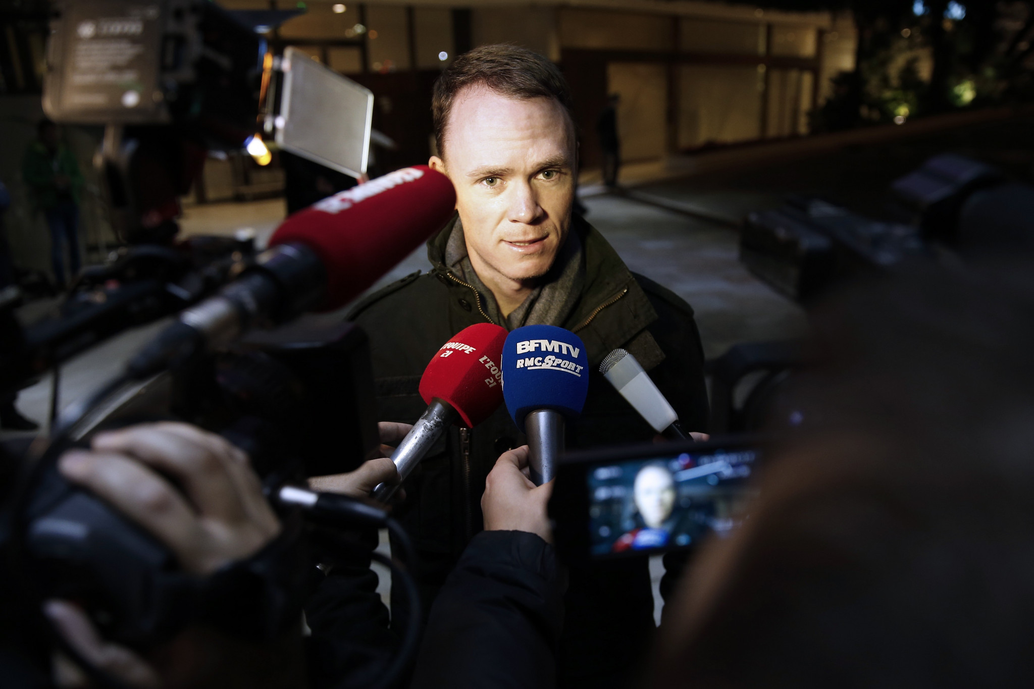 Tour de France winner Christopher Froome speaks to the press before the start of the Peace and Sport walk on November 25, 2015 in Monaco ©Getty Images