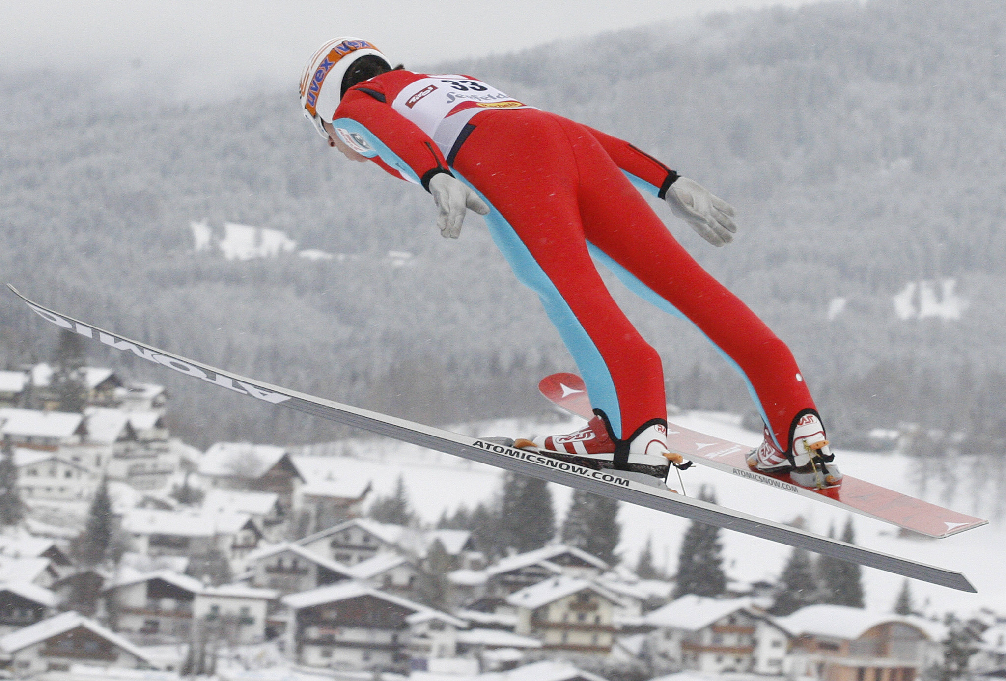 Tomaz Druml competes during the 15th Nordic Combined World Cup in January 2010 at the 'Toni-Seelos' jump in Seefeld ©Getty Images