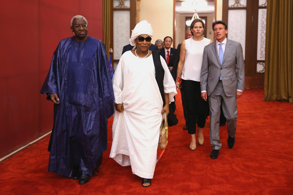Sebastian Coe, arriving for the IAAF's welcome dinner Great Hall of the People in Tiananmen Square in Beijing, is seeking to replace Senegalese Lamine Diack (right) as President of the world governing when he steps down
