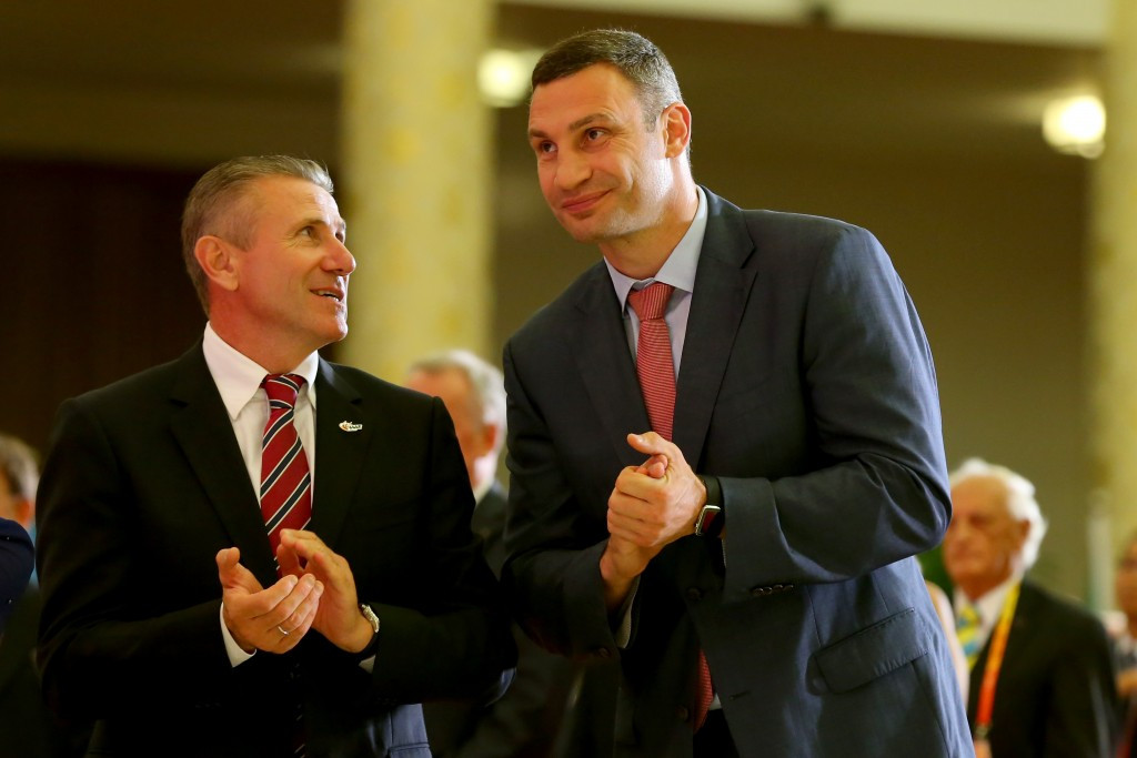 World heavyweight boxing champion Vitali Klitschko (right) is in Beijing to support fellow Ukrainian Sergey Bubka (left) in his bid to become the new IAAF President 