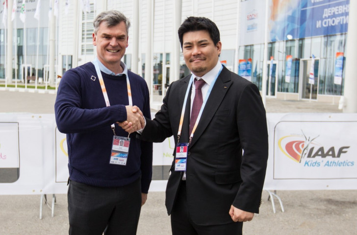 Nick Davies (left), IAAF deputy general secretary and communications director, and Alex Lim (right), general manager of international relations at the IeSF, outside the Sochi ExpoCentre