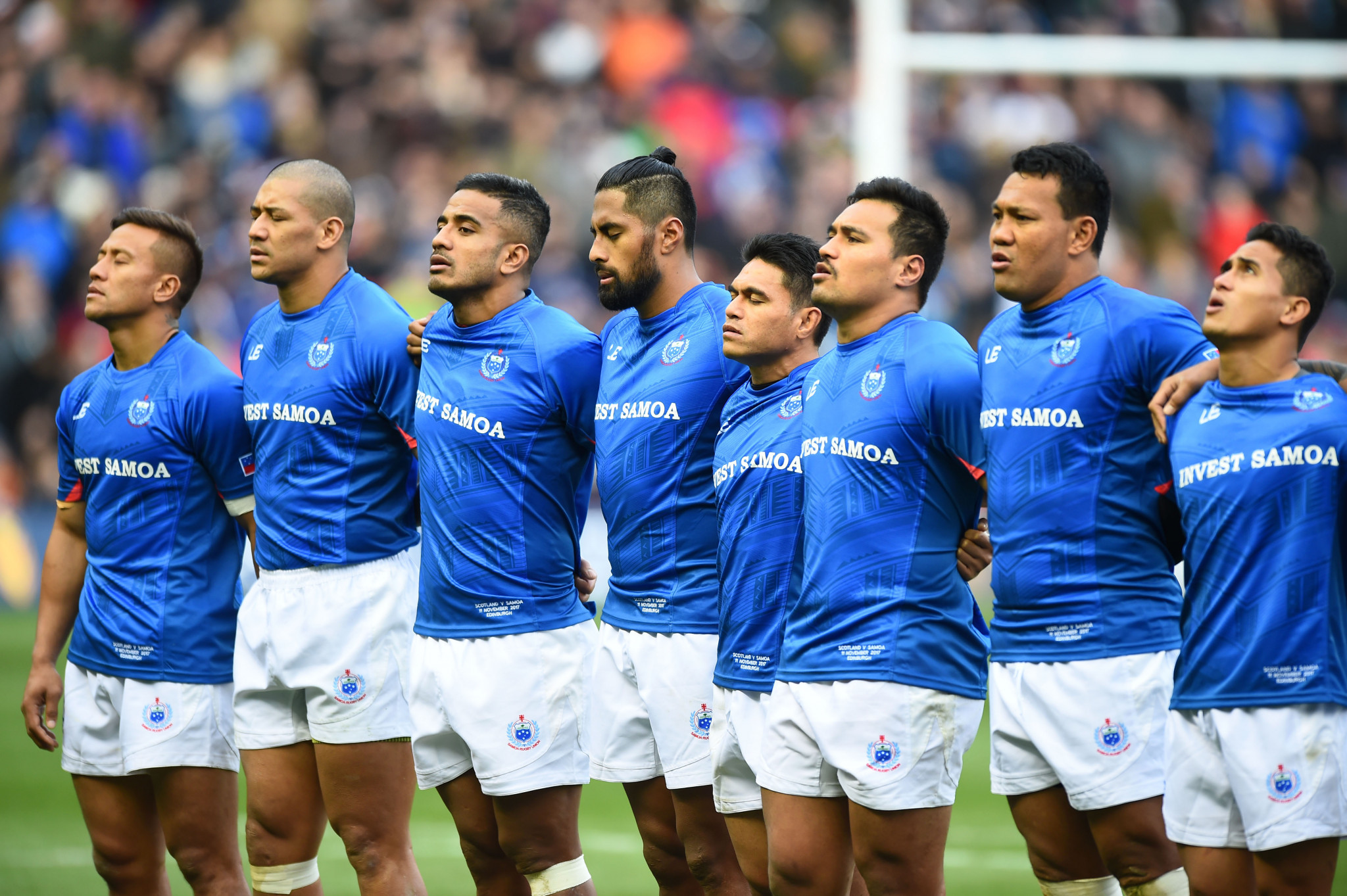Samoan players sing the national anthem before the autumn international rugby union test match in Scotland at Murrayfield Stadium in Edinburgh ©Getty Images