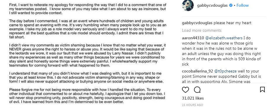 America's three-time Olympic gold medallist Gabby Douglas made the admission about being abused by former USA Gymnastics team doctor Larry Nassar in a post on her Instagram pace ©Instagram