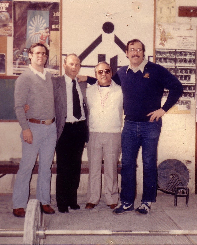 Jim Schmitz with Gottfried Schodl, President of IWF 1972-2000, Tamás  Ajan, now President of IWF, then general secretary, and Bruce Wilhelm, the World's Strongest Man winner 1977 and 1978 in San Francisco in 1982 ©Jim Schmitz 