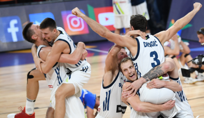 Slovenia's players celebrate after defeating Serbia during the FIBA Eurobasket 2017 men's final but now the world governing body claim the international game is under threat ©Getty Images
