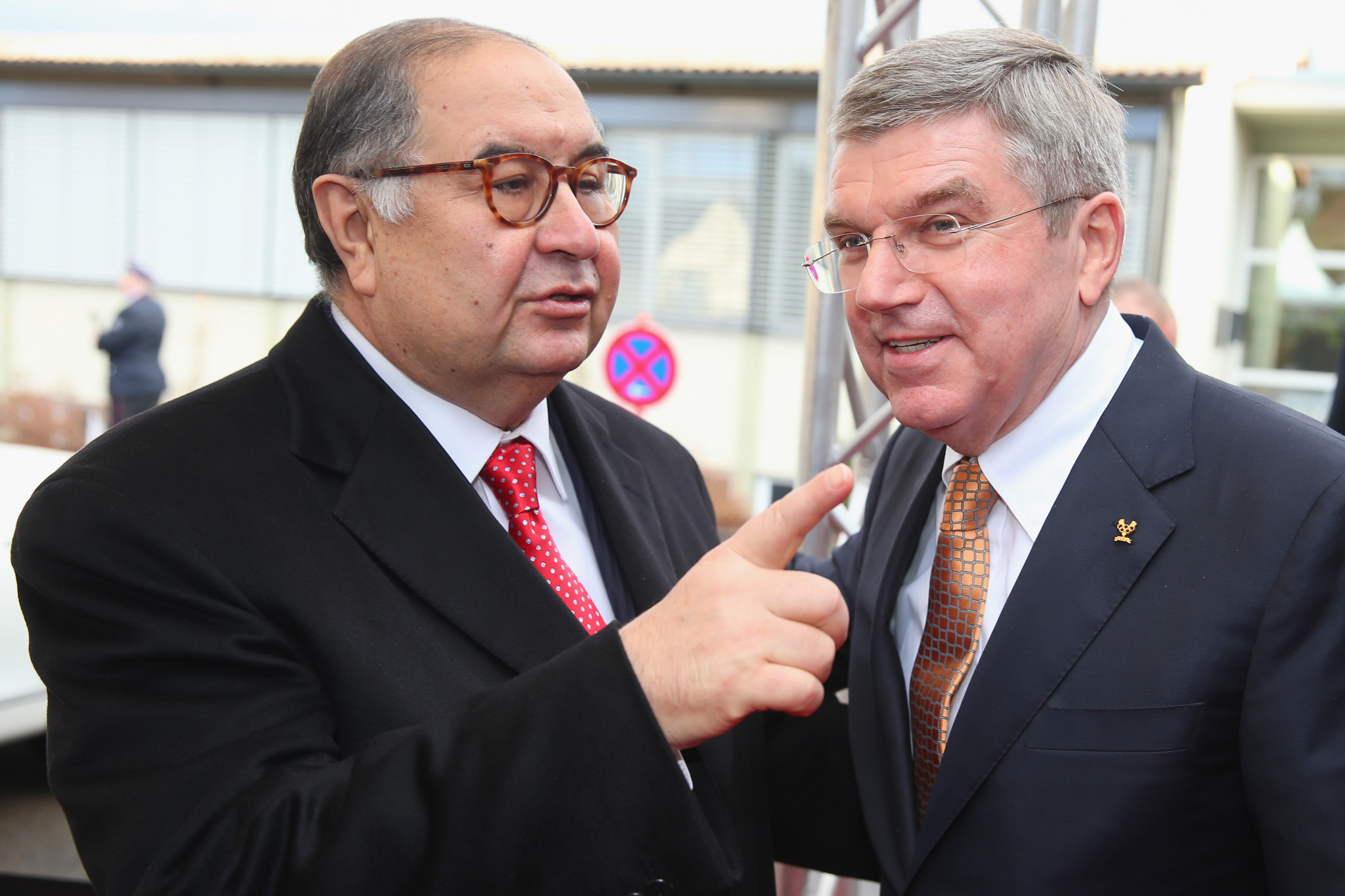 Alisher Usmanov, left, President of the International Fencing Federation, seen chatting to IOC President Thomas Bach at the latter's 60th Birthday party in Tauberbischofsheim, Germany back in January 2014 ©Getty Images