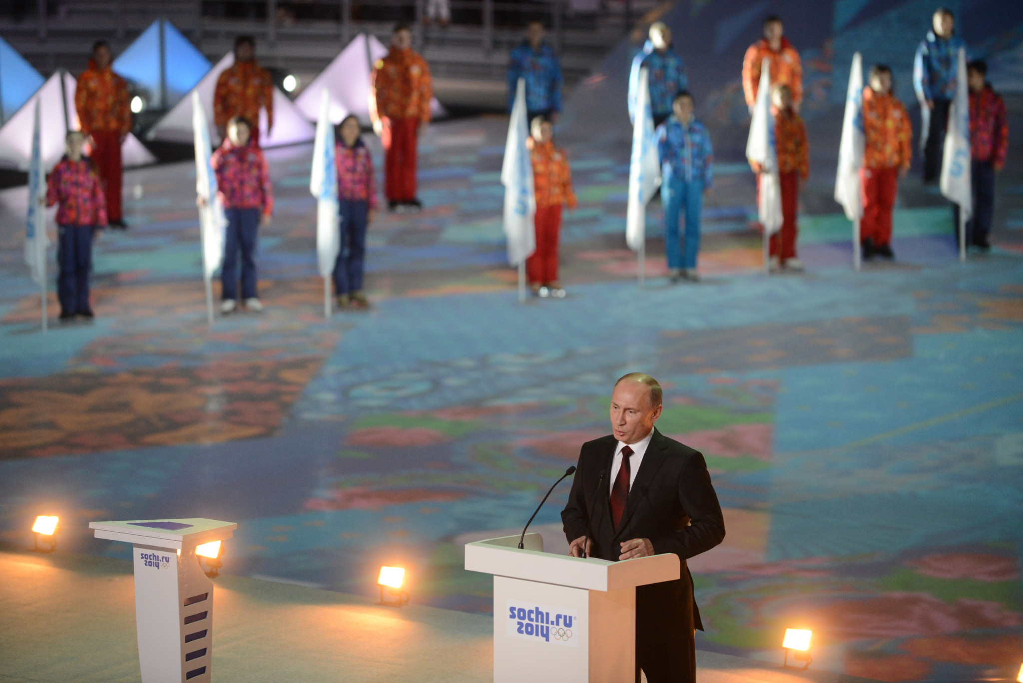 Russia's President Vladimir Putin speaks at a ceremony celebrating the one year countdown to the Sochi 2014 Winter Olympics opening at the Bolshoi Ice Dome rink in February 2013 ©Getty Images