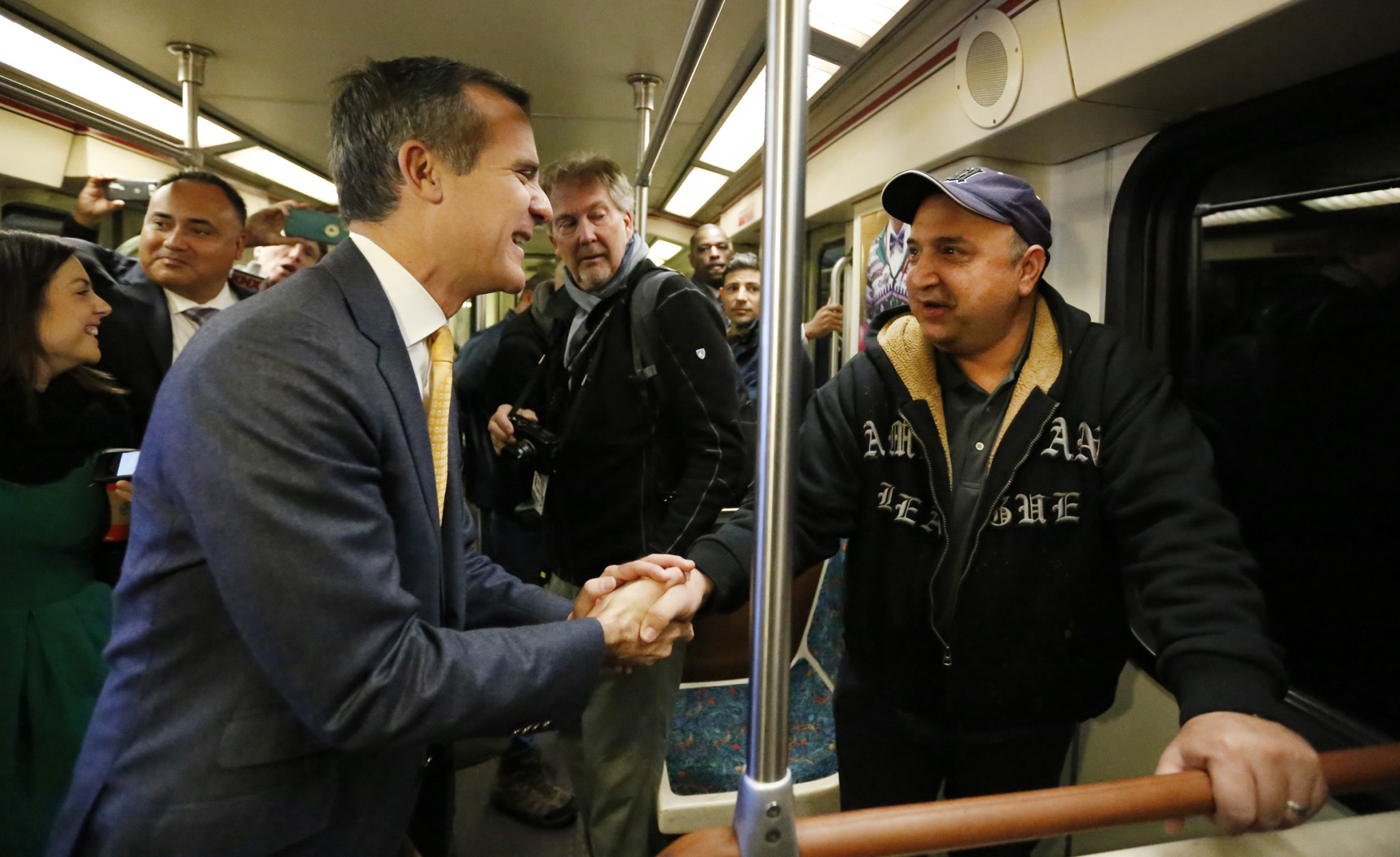 Los Angeles Mayor Eric Garcetti pictured on the metro in the city ©Getty Images