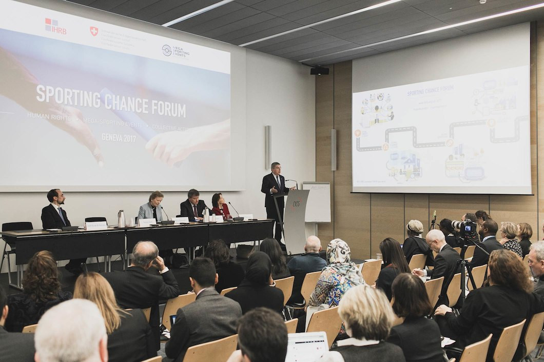 IOC President Thomas Bach pictured providing the keynote address during the Sporting Chance Forum in Geneva ©IOC