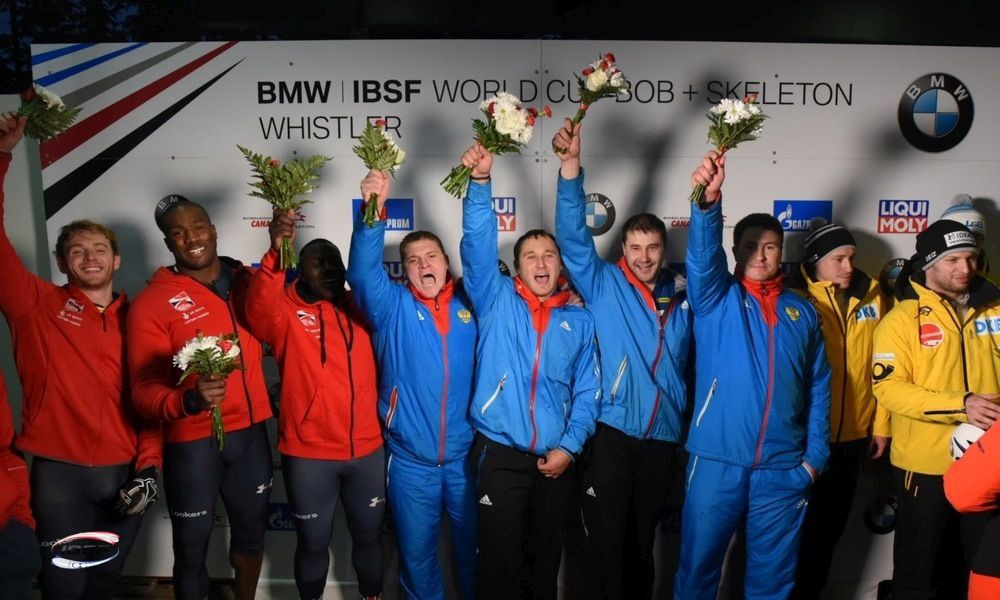Alexander Kasjanov, Aleksei Pushkarev and Ilvir Khuzin were part of the four-man team which claimed victory in Whistler despite being under investigation for alleged doping ©IBSF