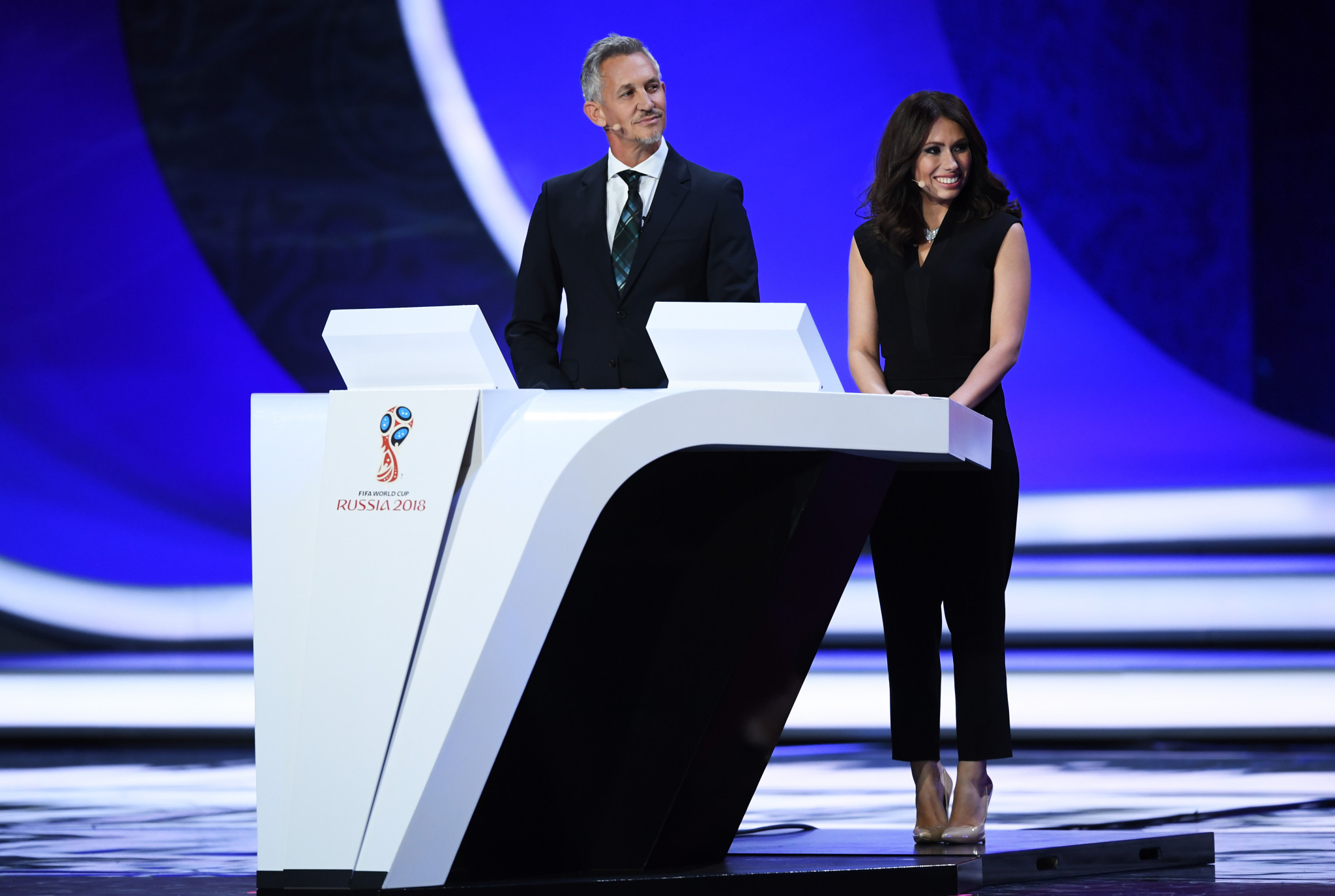 Staunch FIFA critic and former England international Gary Lineker presented the draw alongside Russian journalist Maria Komandnaya  ©Getty Images
