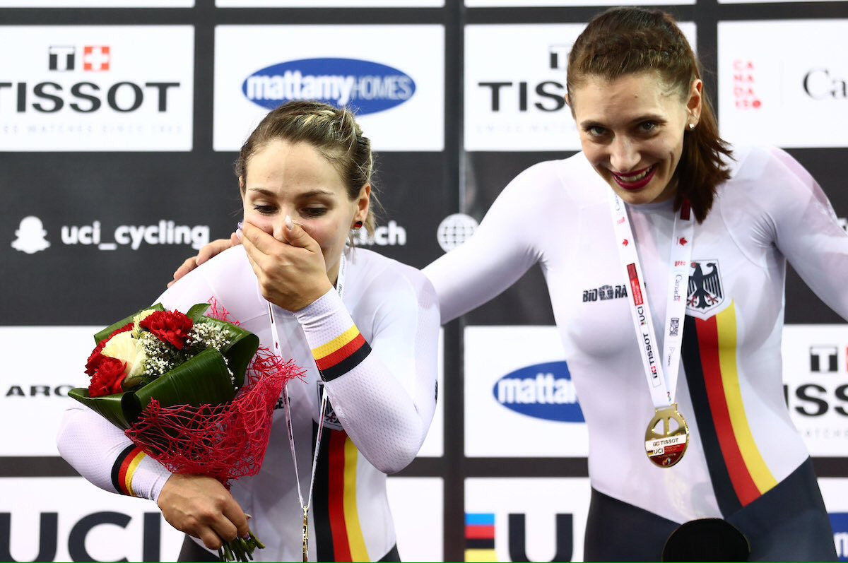 Kristina Vogel, left, earned double gold on the final day of competition ©Twitter/UCI Track Cycling
