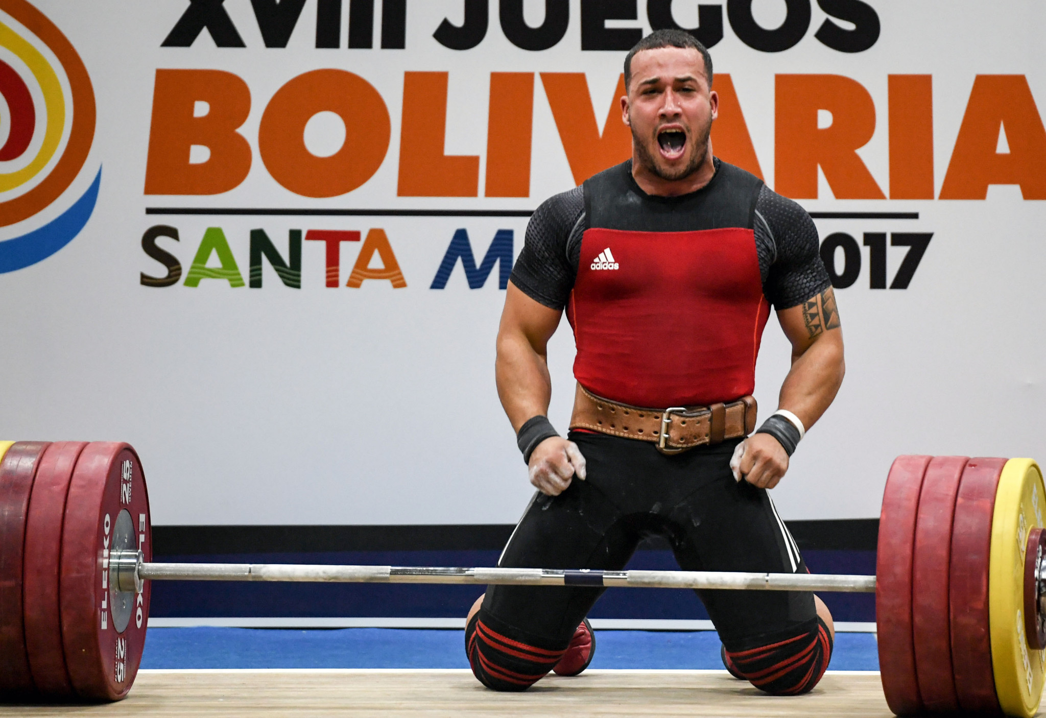 Chile's Arley Mendez celebrates after obtaining the gold medal in the men's 85kg weightlifting event, during the XVIII Bolivarian Games 2017, in Santa Marta, Colombia last month ©Getty Images