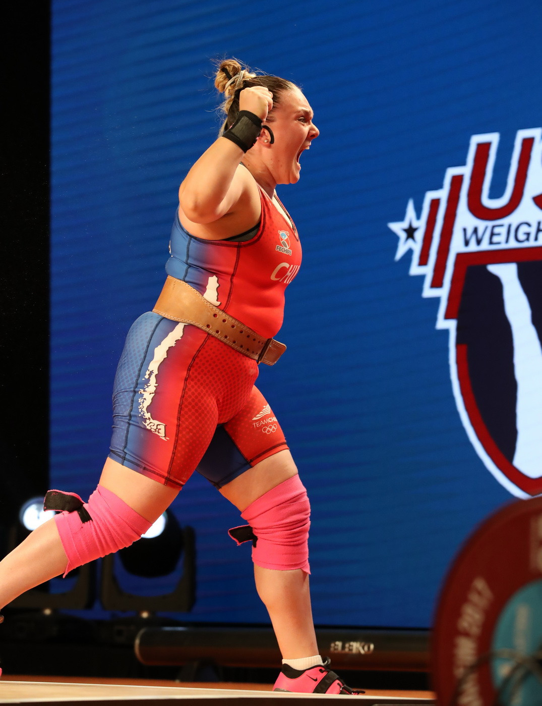 Chile's Maria Fernanda Valdes Paris, the overall runner-up and clean and jerk gold medallist, was very animated in her celebrations ©IWF