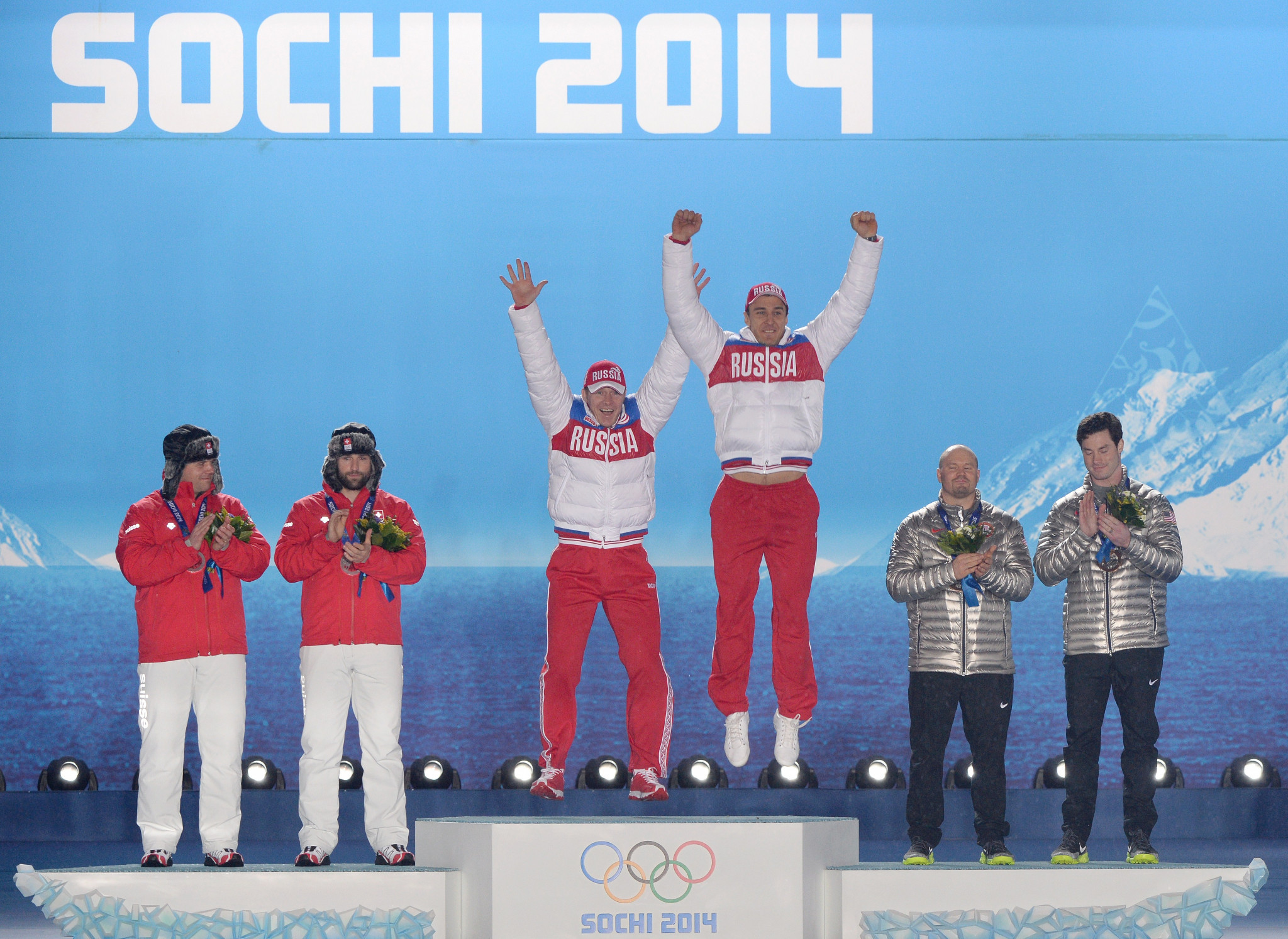 Alexander Zubkov celebrates the first of his two gold medals at Sochi 2014 ©Getty Images